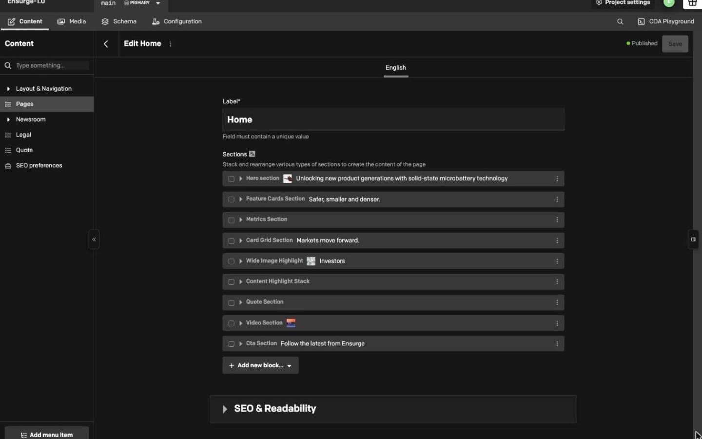 Ensurge website, The same page, in the editor