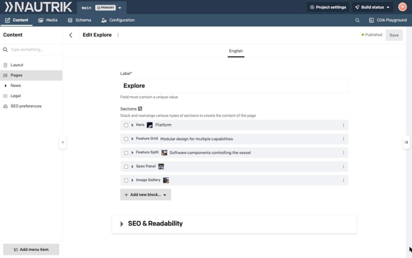 Nautrik website, The same page, in the editor